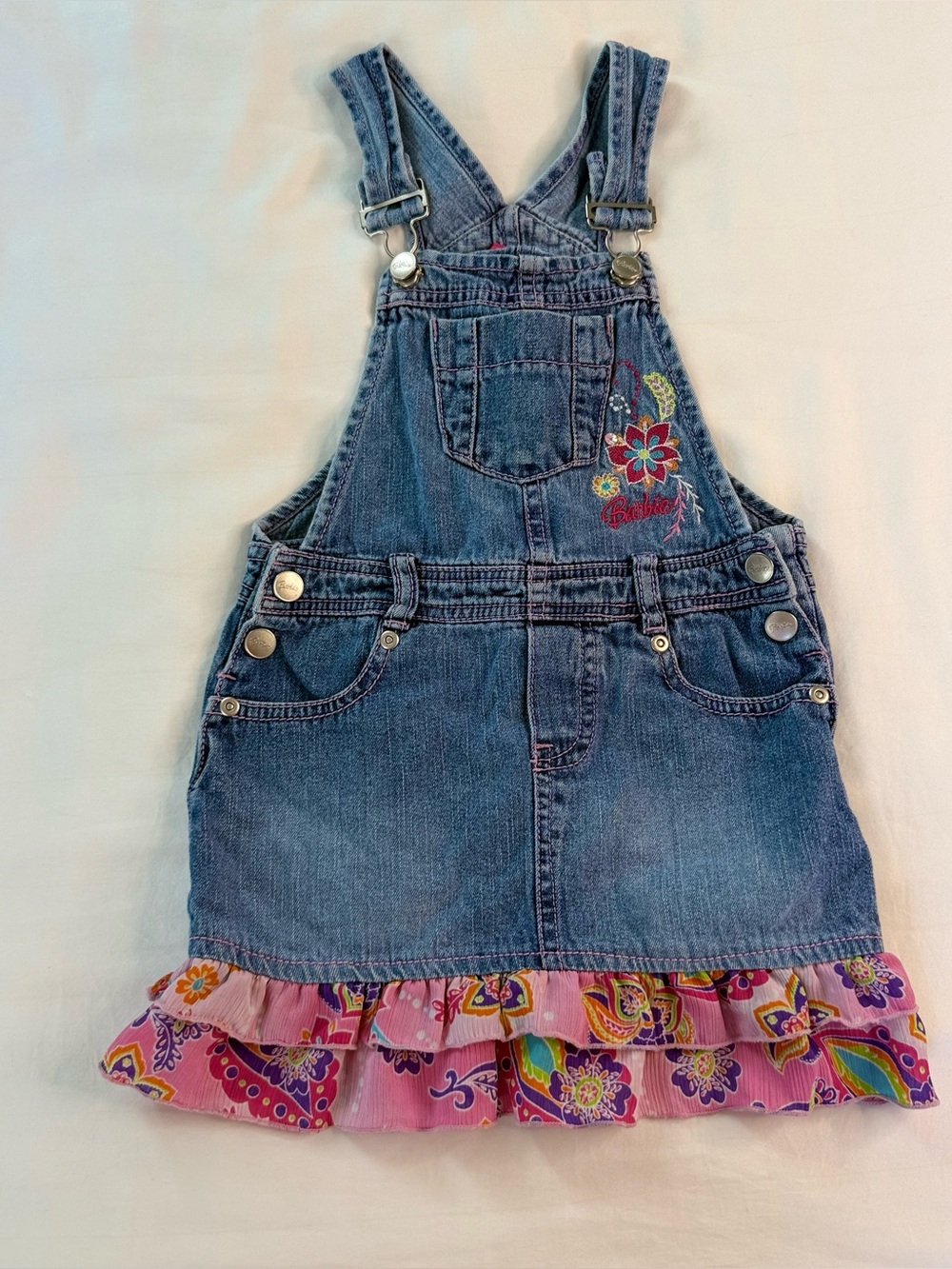 Vintage Barbie Girls Blue Denim Overall Dress with Pink Floral Trim